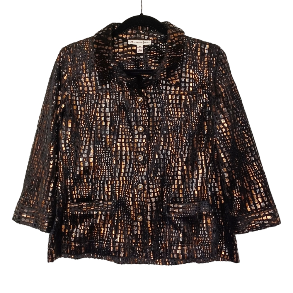 JM COLLECTION Metallic Brown Fuzzy Black Animal Print Button Front Jacket 14P